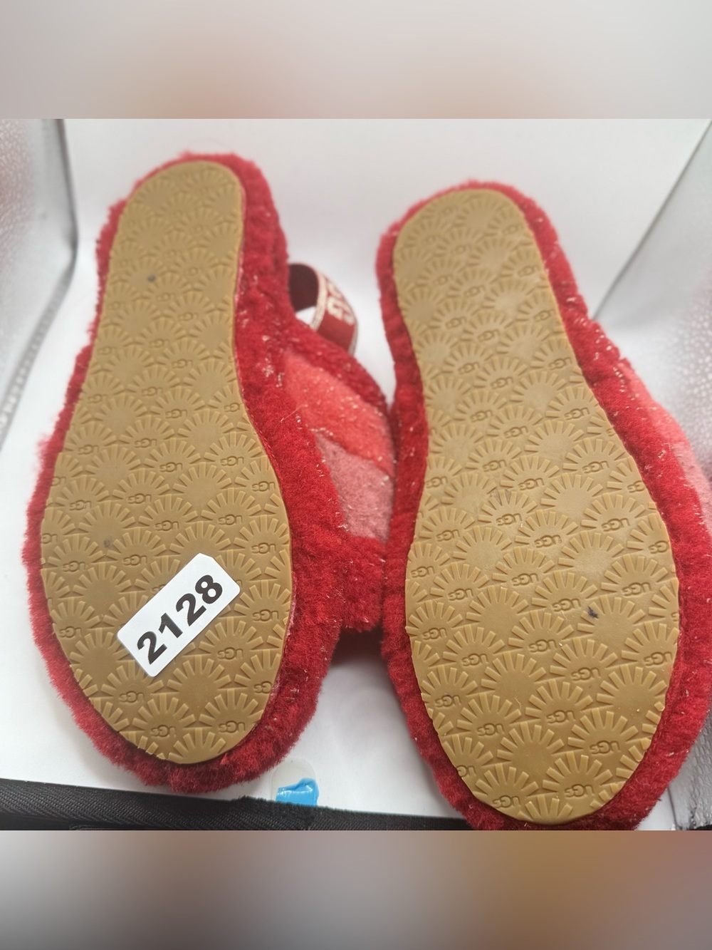UGG Girls Red and Pink Fuzzy Metallic Gold accents Slide Slippers - Picture 4 of 5